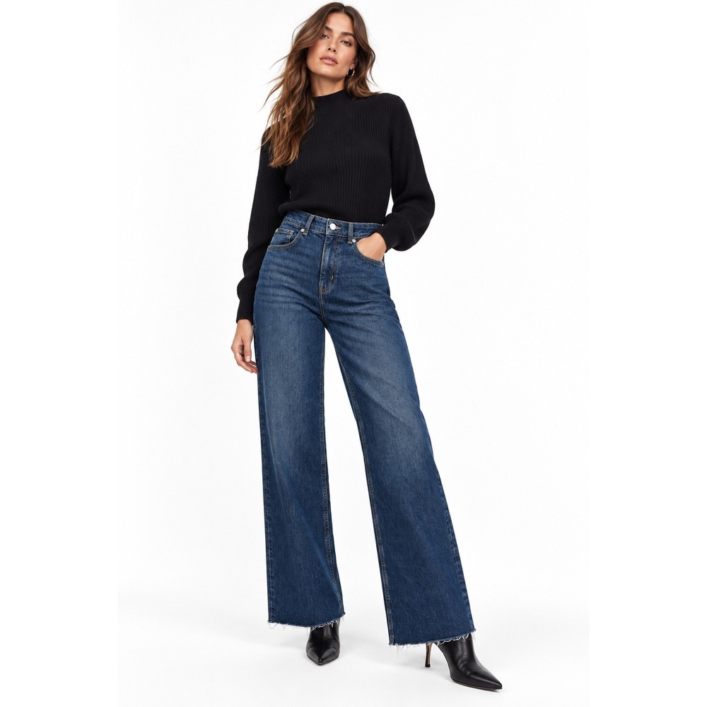 H&M Harper Wide High Waist Full Length Jeans Dark Wash Raw Hem Size 6 NWT